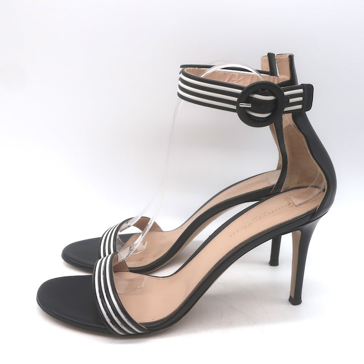 Gianvito Rossi Portofino Striped Ankle Strap Sandals Black/White Leather Size 40