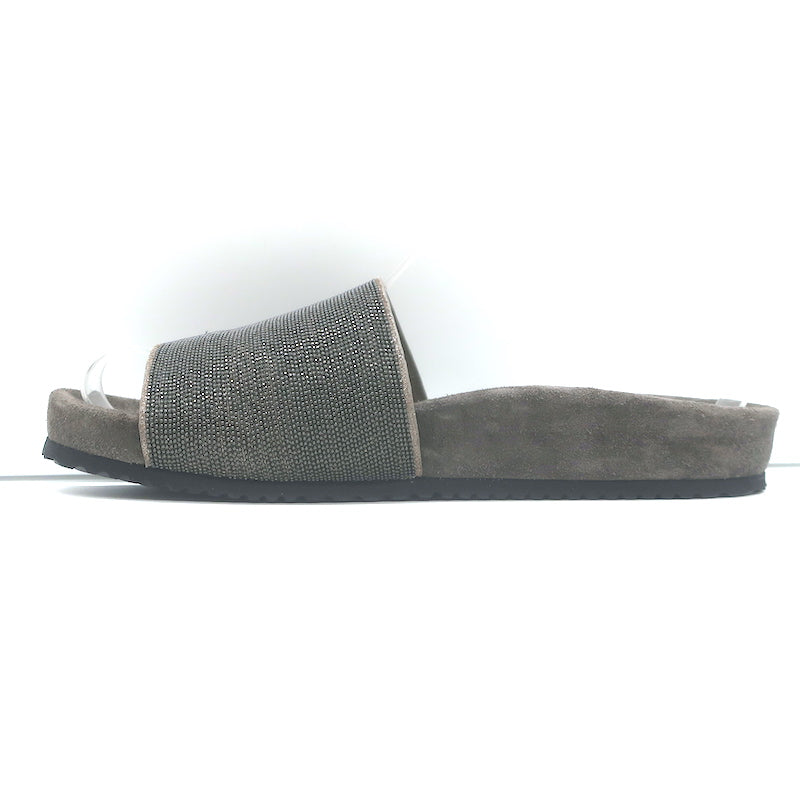 Brunello Cucinelli Monili Band Slide Sandals Dark Gray Suede Size 37 NEW