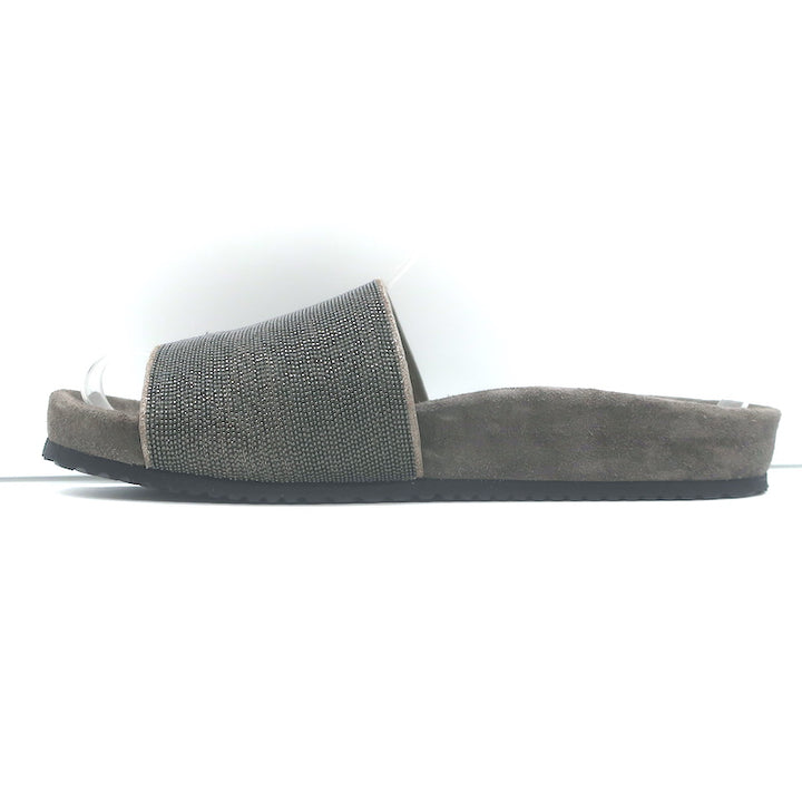 Brunello Cucinelli Monili Band Slide Sandals Dark Gray Suede Size 37 NEW