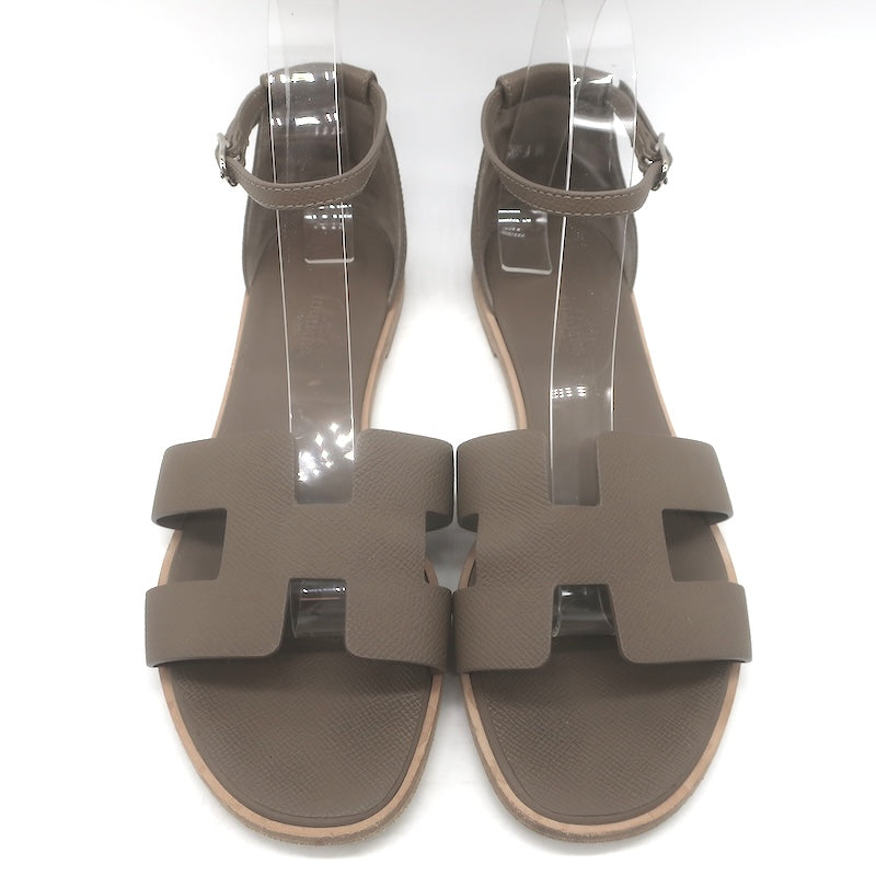Hermes Santorini Ankle Strap Flat Sandals Etoupe Epsom Leather Size 39.5