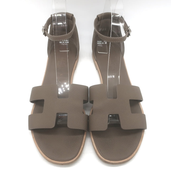 Hermes Santorini Ankle Strap Flat Sandals Etoupe Epsom Leather Size 39.5