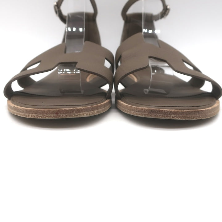 Hermes Santorini Ankle Strap Flat Sandals Etoupe Epsom Leather Size 39.5