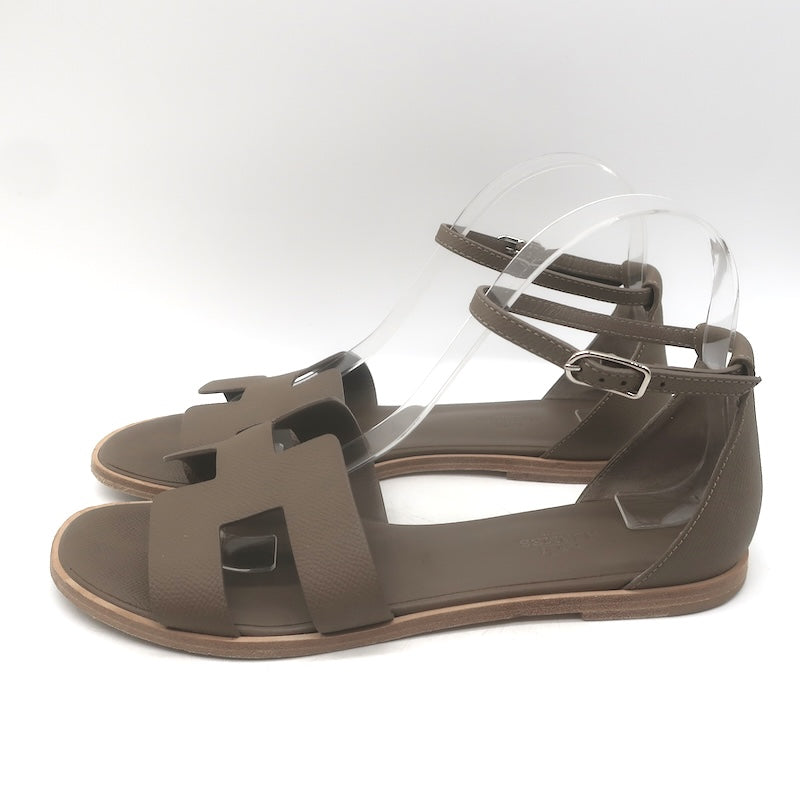 Hermes Santorini Ankle Strap Flat Sandals Etoupe Epsom Leather Size 39.5
