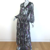 Chanel 2023 Metiers d'Art Collared Maxi Dress Gray Printed Silk Chiffon Size 40
