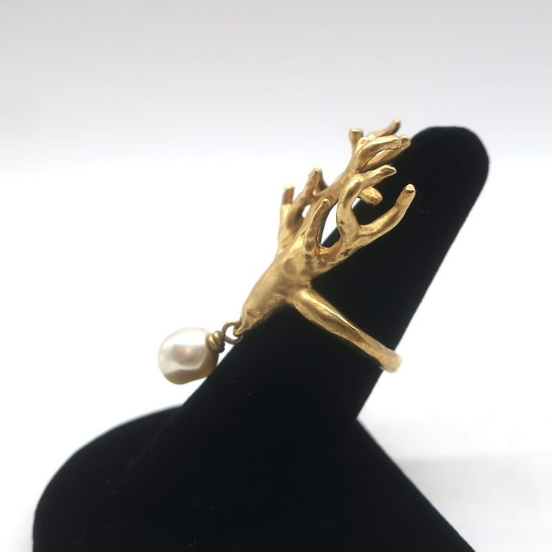 Christian Dior Tribales Coraile Pearl-Drop Ring Gold Size 7