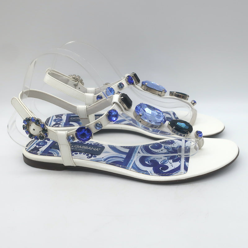 Dolce &amp; Gabbana Jeweled T-Strap Flat Sandals White Patent Leather Size 41