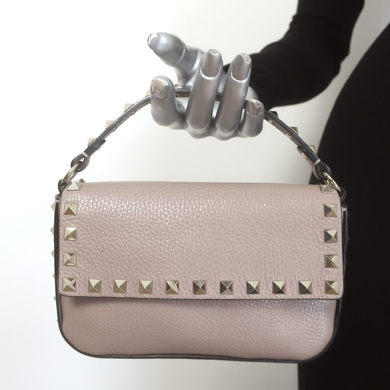 Valentino Rockstud Pouch Taupe Grained Leather Mini Crossbody Bag