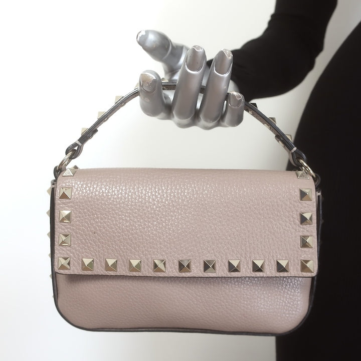 Valentino Rockstud Pouch Taupe Grained Leather Mini Crossbody Bag