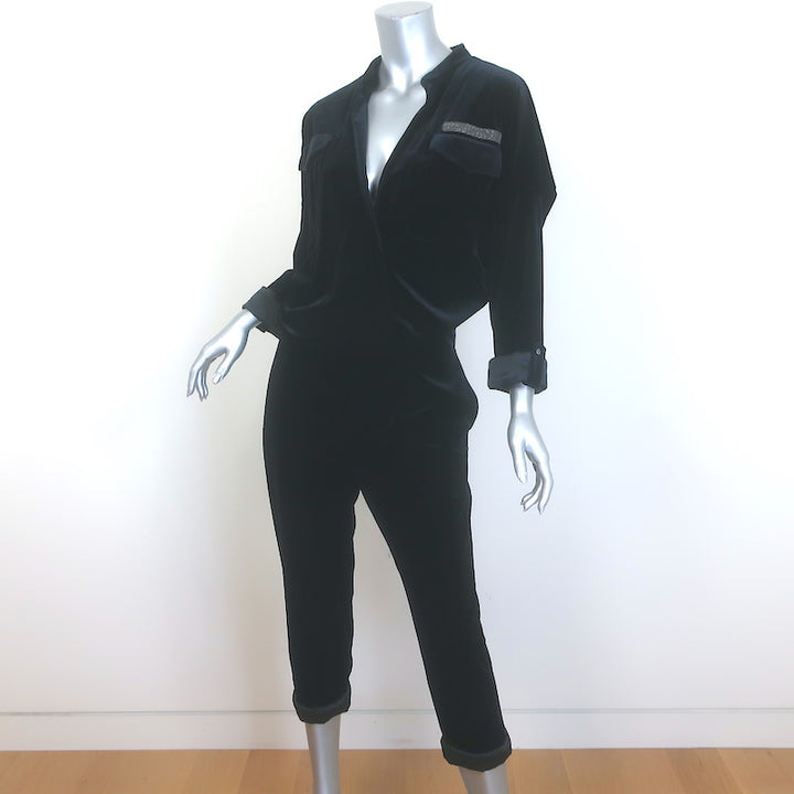 Brunello Cucinelli Monili-Detail Satin-Cuff Velvet Jumpsuit Black Size Medium