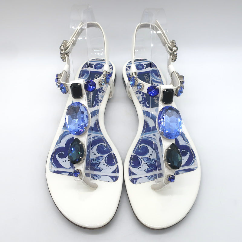 Dolce &amp; Gabbana Jeweled T-Strap Flat Sandals White Patent Leather Size 41