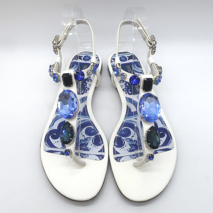 Dolce &amp; Gabbana Jeweled T-Strap Flat Sandals White Patent Leather Size 41