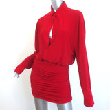 Norma Kamali Ruched Mini Shirt Dress Red Stretch Jersey Size Small