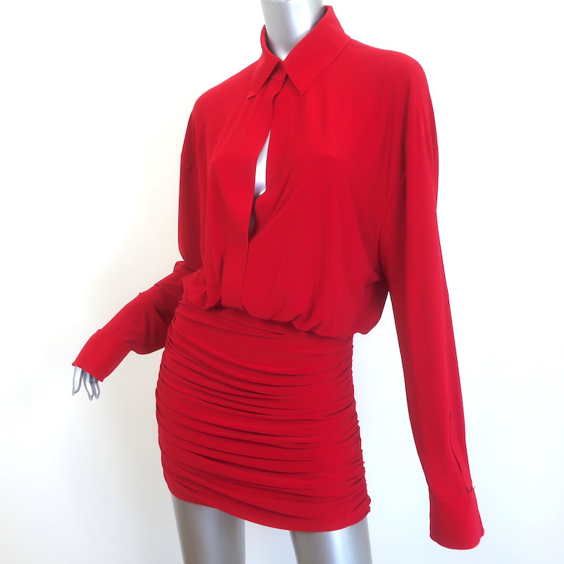 Norma Kamali Ruched Mini Shirt Dress Red Stretch Jersey Size Small – Celebrity Owned Norma Kamali Ruched Mini Shirt Dress Red Stretch Jersey Size Small – Celebrity Owned