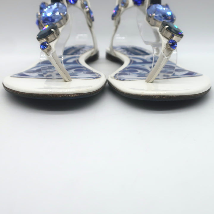 Dolce &amp; Gabbana Jeweled T-Strap Flat Sandals White Patent Leather Size 41