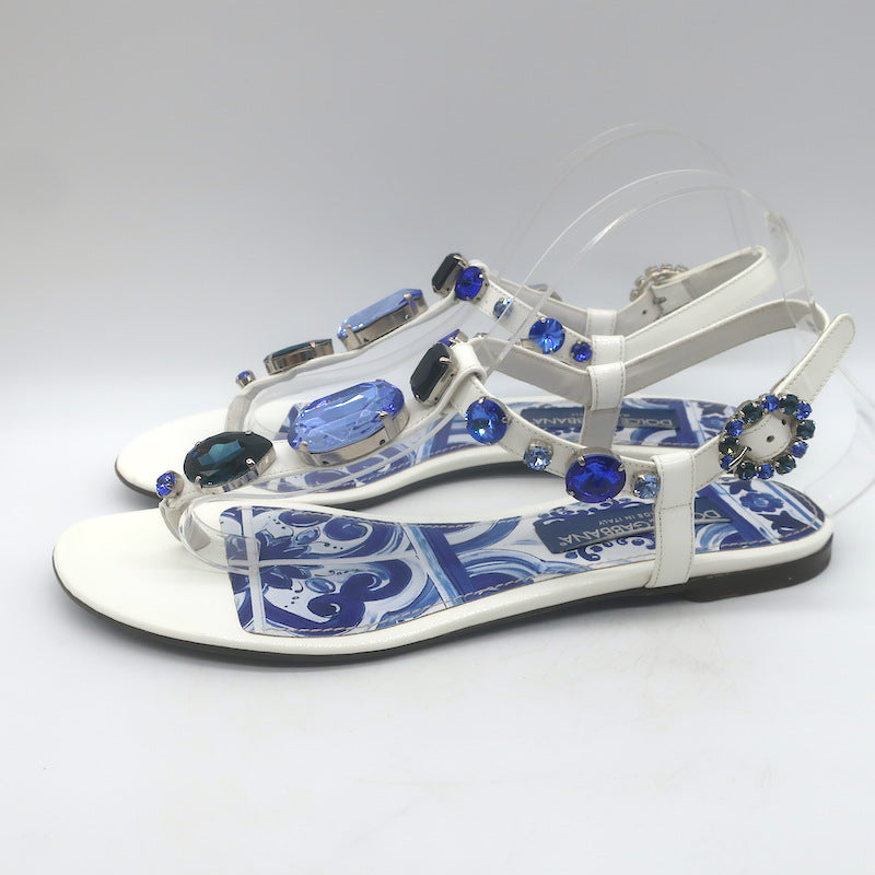 Dolce &amp; Gabbana Jeweled T-Strap Flat Sandals White Patent Leather Size 41