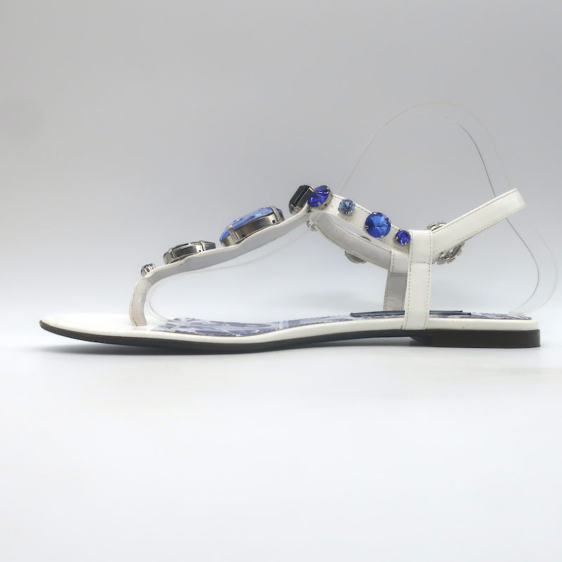 Dolce &amp; Gabbana Jeweled T-Strap Flat Sandals White Patent Leather Size 41