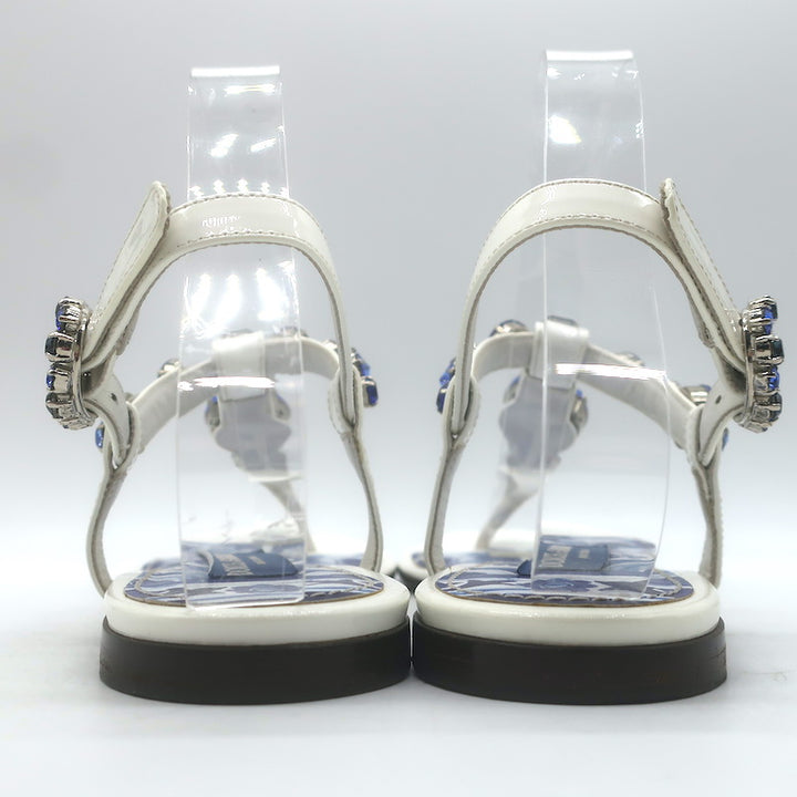 Dolce &amp; Gabbana Jeweled T-Strap Flat Sandals White Patent Leather Size 41