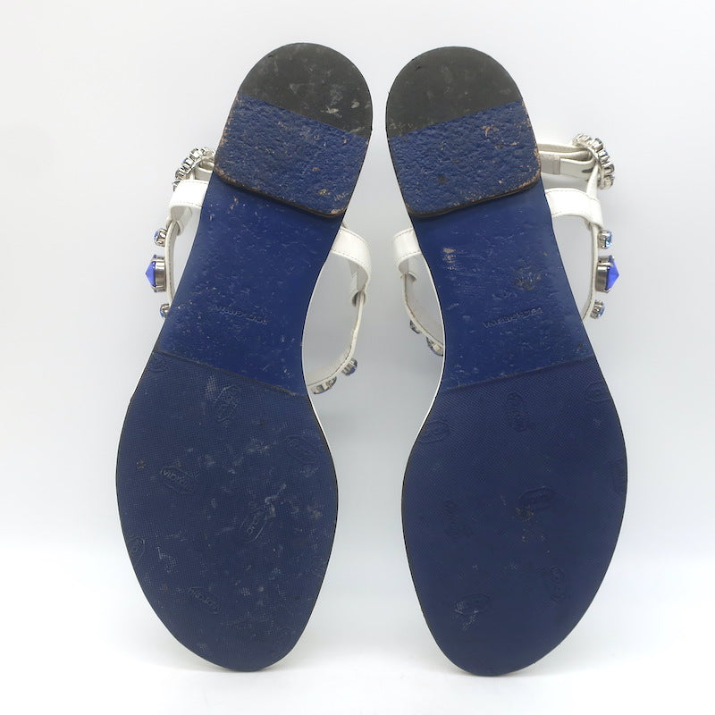 Dolce &amp; Gabbana Jeweled T-Strap Flat Sandals White Patent Leather Size 41