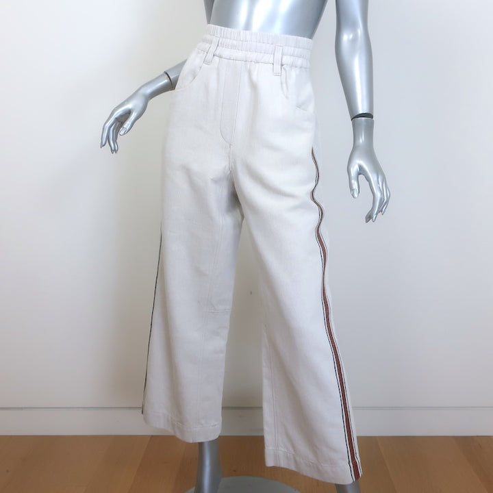 Brunello Cucinelli Monili Side-Stripe Cropped Pants Ecru Cotton-Linen Size US 4
