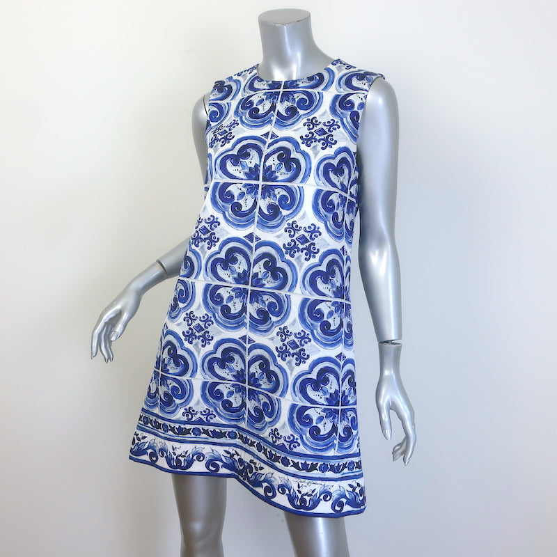 Dolce &amp; Gabbana Majolica Print Brocade Sleeveless Mini Dress Blue/White Size 42
