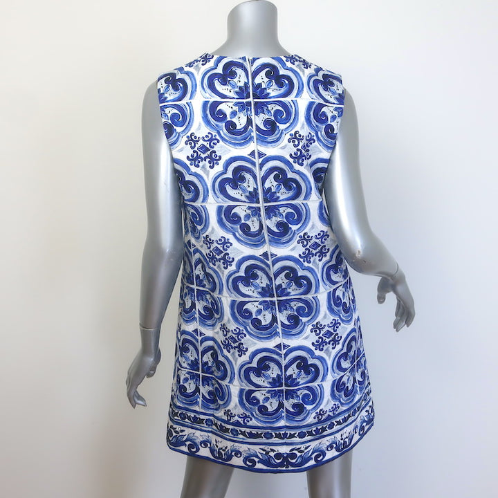 Dolce &amp; Gabbana Majolica Print Brocade Sleeveless Mini Dress Blue/White Size 42