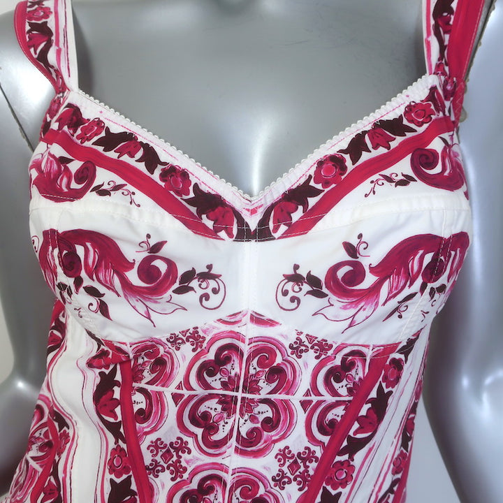 Dolce &amp; Gabbana Majolica Print Bustier Maxi Dress White/Berry Cotton Size 42
