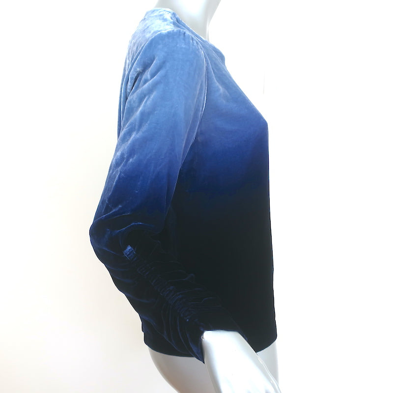 Raquel Allegra Top Jane Blue Ombre Velvet Size 0 Gathered-Sleeve Blouse