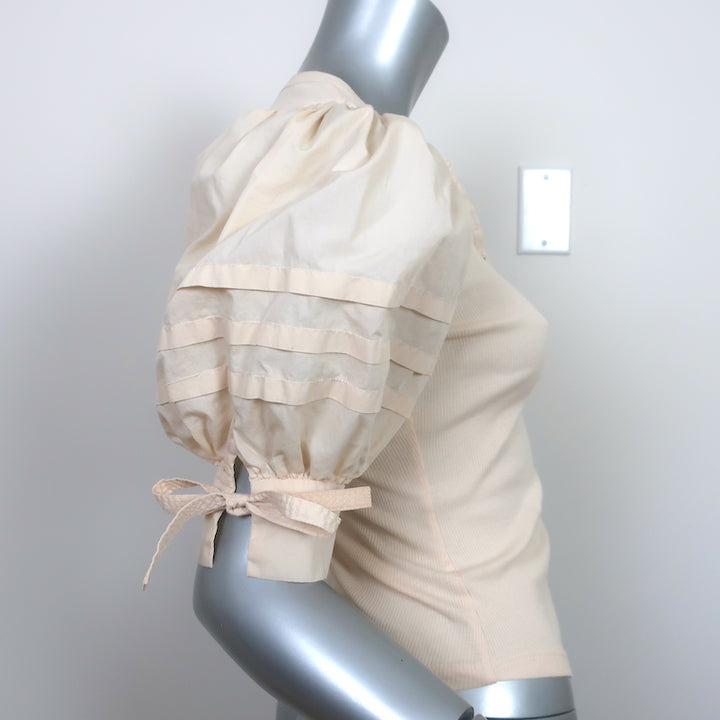 Ulla Johnson Puff Sleeve Top Iman Ivory Cotton Poplin &amp; Ribbed Knit Size Petite