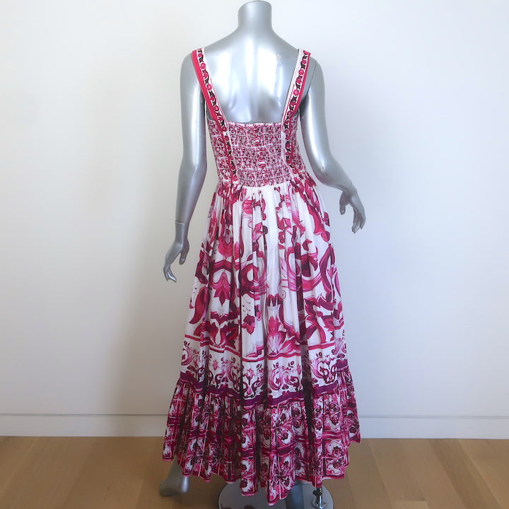 Dolce &amp; Gabbana Majolica Print Bustier Maxi Dress White/Berry Cotton Size 42