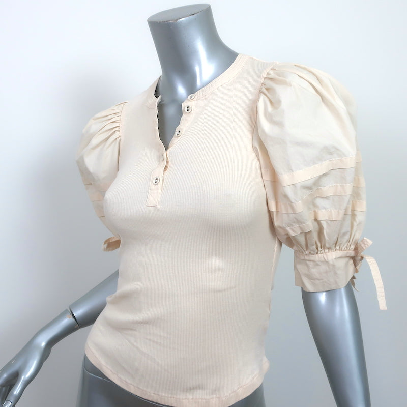 Ulla Johnson Puff Sleeve Top Iman Ivory Cotton Poplin &amp; Ribbed Knit Size Petite
