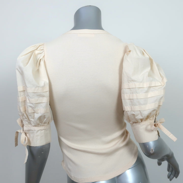 Ulla Johnson Puff Sleeve Top Iman Ivory Cotton Poplin &amp; Ribbed Knit Size Petite
