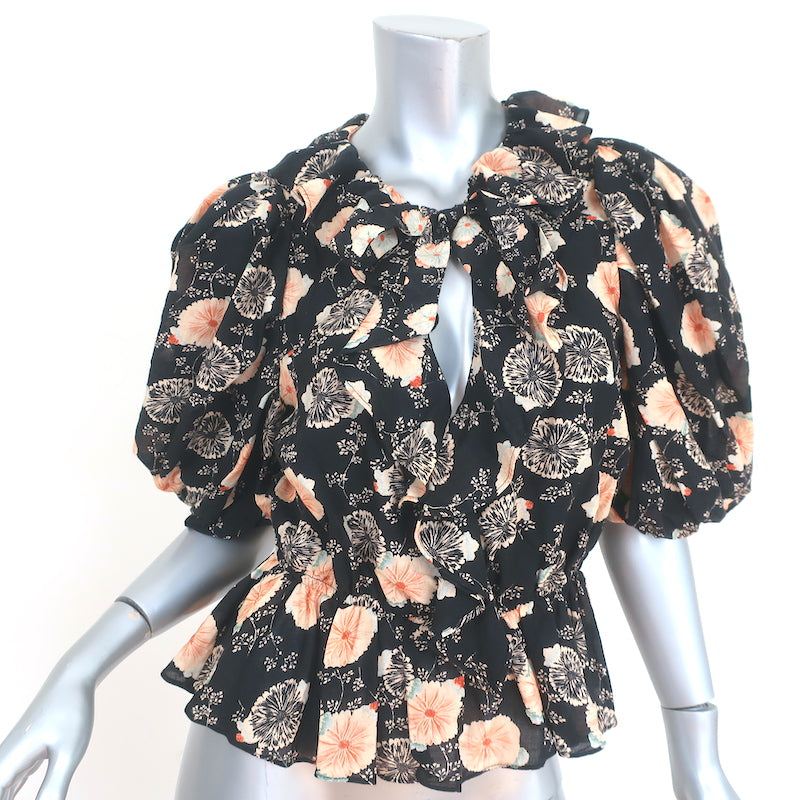 Long-Sleeve Blouse Black Floral Tie-Neck Smocked-Cuffs - Knox Rose Small