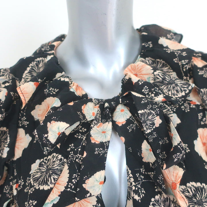 Ulla Johnson Puff Sleeve Top Nadya Black Floral Print Size 4 Tie-Neck Blouse