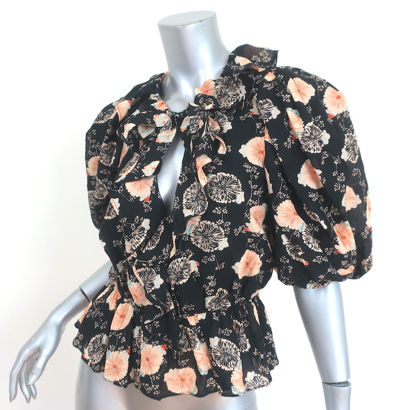 Ulla Johnson Puff Sleeve Top Nadya Black Floral Print Size 4 Tie-Neck Blouse