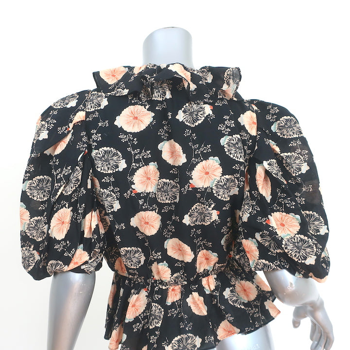 Ulla Johnson Puff Sleeve Top Nadya Black Floral Print Size 4 Tie-Neck Blouse