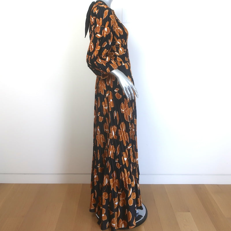 Jonathan Simkhai Ames Pleated Maxi Dress Black/Gold Floral Print Satin Size 10