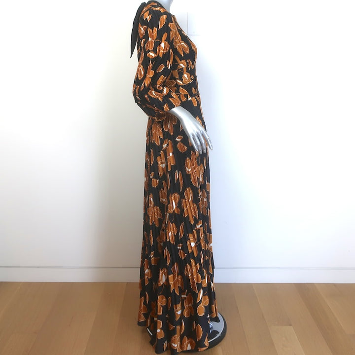 Jonathan Simkhai Ames Pleated Maxi Dress Black/Gold Floral Print Satin Size 10