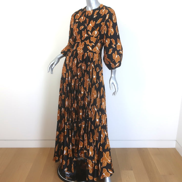 Jonathan Simkhai Ames Pleated Maxi Dress Black/Gold Floral Print Satin Size 10