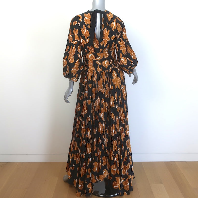 Jonathan Simkhai Ames Pleated Maxi Dress Black/Gold Floral Print Satin Size 10
