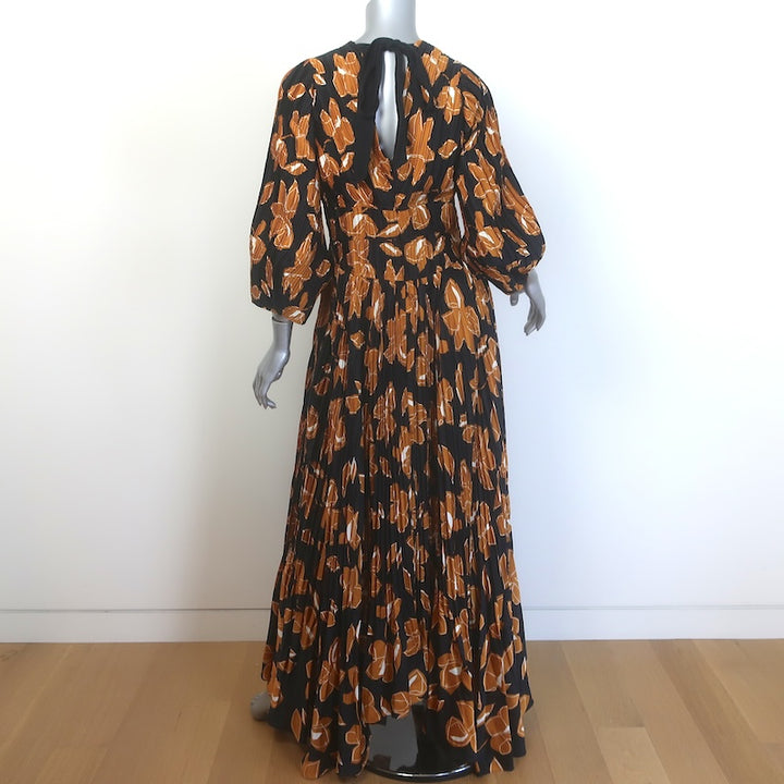Jonathan Simkhai Ames Pleated Maxi Dress Black/Gold Floral Print Satin Size 10