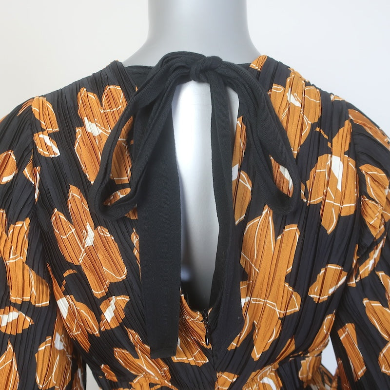Jonathan Simkhai Ames Pleated Maxi Dress Black/Gold Floral Print Satin Size 10