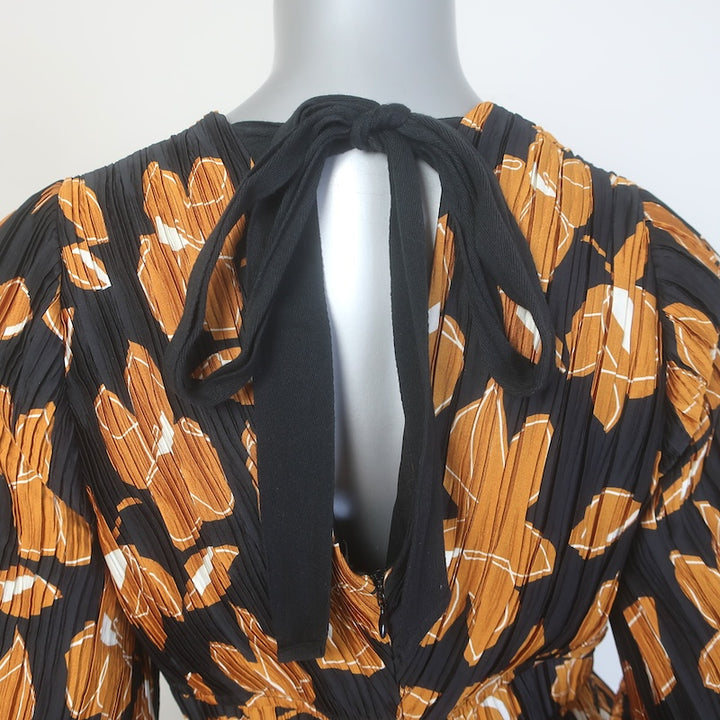 Jonathan Simkhai Ames Pleated Maxi Dress Black/Gold Floral Print Satin Size 10