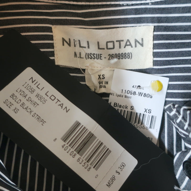 Nili Lotan Shirt Lydia Black/White Stripe Ruffled Cotton Size Extra Small NEW
