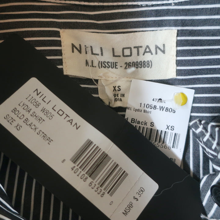 Nili Lotan Shirt Lydia Black/White Stripe Ruffled Cotton Size Extra Small NEW