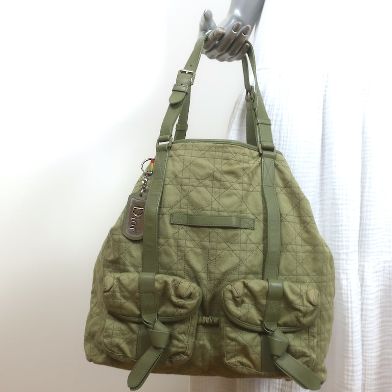 Christian Dior Cannage Quilted Canvas Tote Army Green Large Shoulder Bag