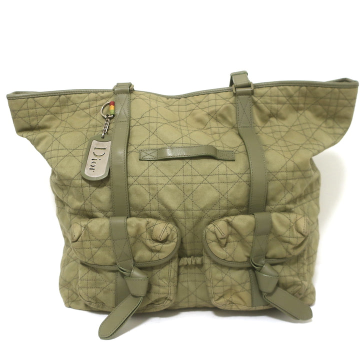 Christian Dior Cannage Quilted Canvas Tote Army Green Large Shoulder Bag