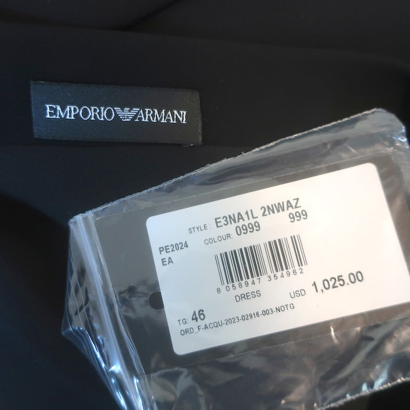 Emporio Armani Wrap-Effect Open Back Midi Dress Black Cady Size 46 NEW