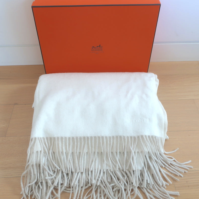 Hermes Fringed Throw Blanket Ecru/Beige NEW