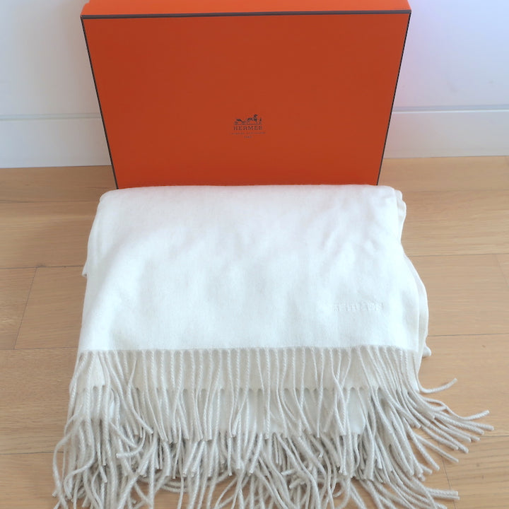 Hermes Fringed Throw Blanket Ecru/Beige NEW
