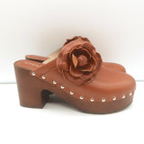 Chanel 23P Camellia Platform Clogs Brown Leather Size 38 High Heel Mules